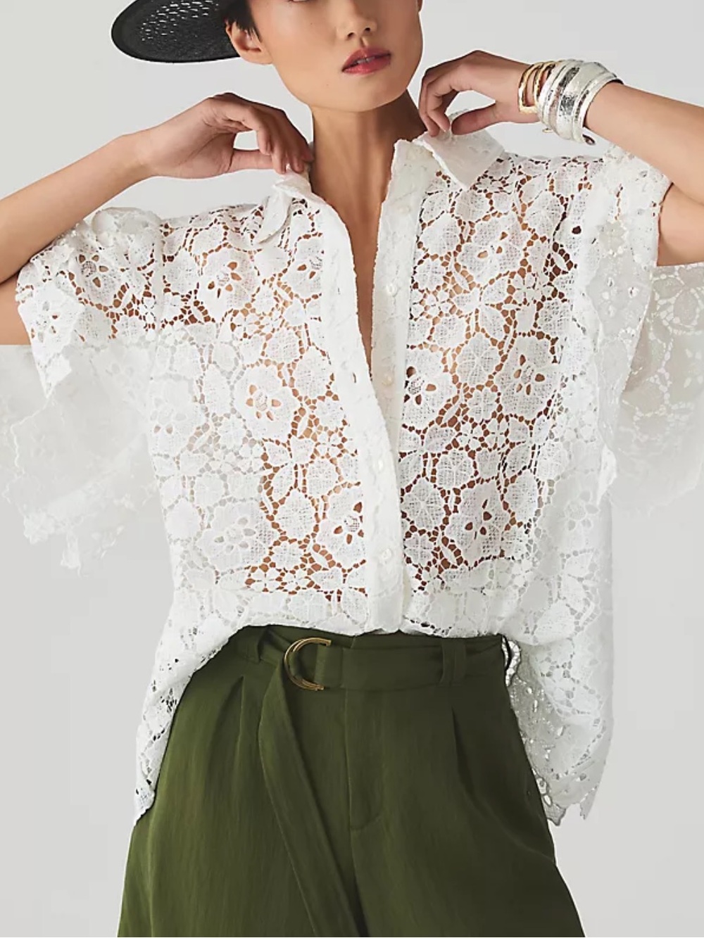 Anthropologie Maeve White Cutout Lace Short-Sleeve Blouse small NWT‎